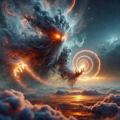 The primary subject of the image is a creature with a long, curly tail and horns, resembling a demon or a mythical creature. It is standing in a cloudy sky, with a spiral or a swirl in the background. The visual style of the image is digital art, and the colors and mood are dark and dramatic.